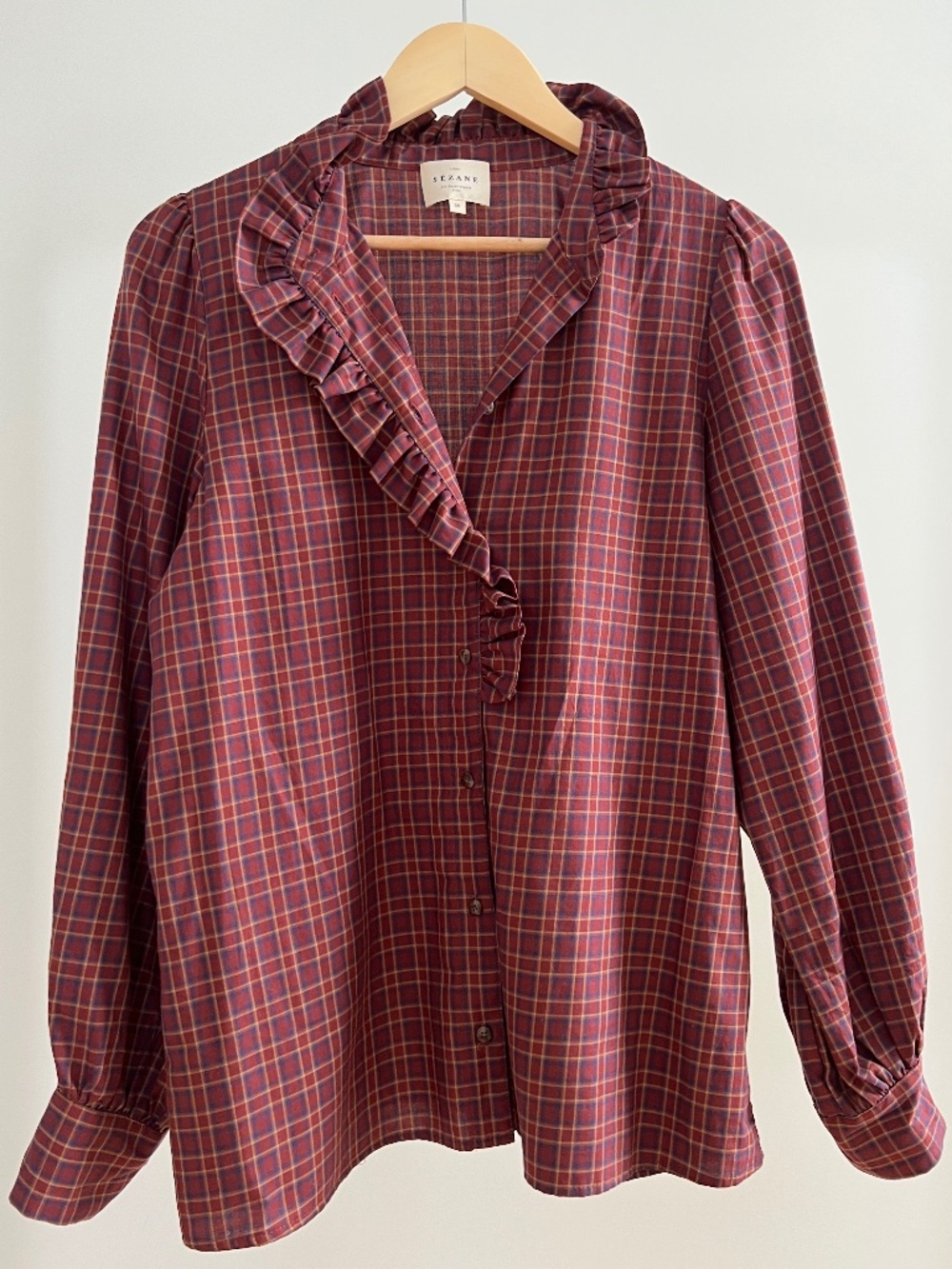 Sezane Plaid Ruffle-Collar Blouse Size 36